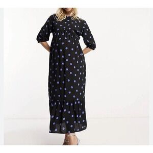Nobody's Child Maternity Dress‎ UK 12 US 8 Rachel Puff Sleeve Midi Blue Dot
